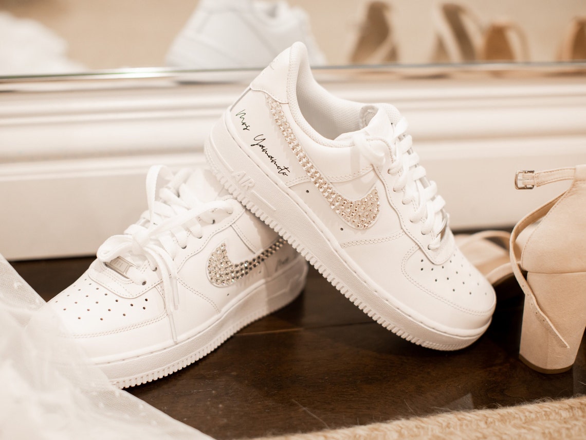 Custom White Nike Air Force 1 with Swarovski Crystals and Name image 1