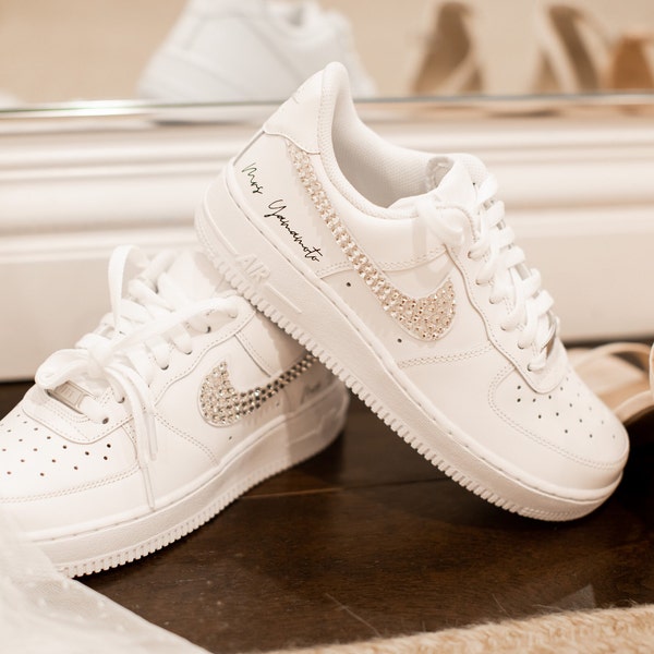 Custom White Nike Air Force 1 with Crystals and Name - perfect for your wedding, bridal shower, party, or a gift!