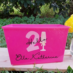 May include: A bright pink rectangular plastic bin featuring the white text 21, a graphic of a champagne flute with a small yellow bow, and the black cursive text Hello Ella Katherine printed on the front surface of the container.