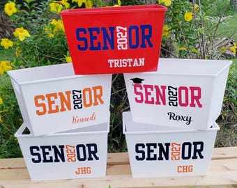 Personalized Plastic Rectangular Senior Night 2027 Gift Name Bucket, Custom High School College University Gift Name Basket Senior Year 2027