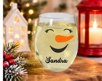 Personalized Snowman Christmas Wine Glass, Custom Gift for Grampa Grandma Mom Dad Friend, Stemless Water Name Glass