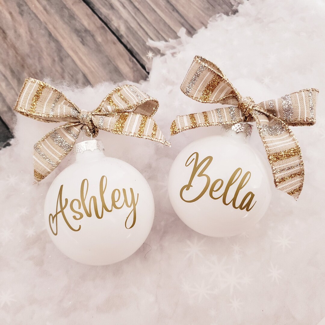 Personalized Gold Glass Christmas Ornaments, Christmas White Name