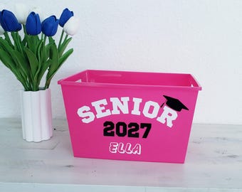 Personalized Plastic Senior Night 2027 Bucket, Custom Rectangular Graduation Class of 2027 Gift Basket, High School Gift Container with Name