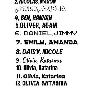 Pode incluir: Num fundo branco, &eacute; apresentada uma lista de nomes em v&aacute;rias fontes. Os nomes s&atilde;o agrupados em pares, como "NICOLAS, MASON" e "SARA, AMELIA". Cada par &eacute; numerado de 1 a 13, com os nomes em negrito.
