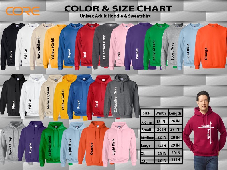 The image is a color and size chart for a unisex adult hoodie and sweatshirt. It displays various color options and corresponding sizes, along with a man wearing a red hoodie. The chart provides a visual representation of the different color and size combinations available for the hoodie and sweatshirt.