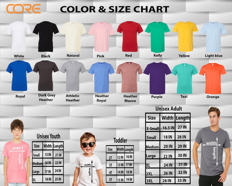 The image is a color and size chart featuring various t-shirt designs in different colors and sizes, along with corresponding measurements for both youth and adult sizes.