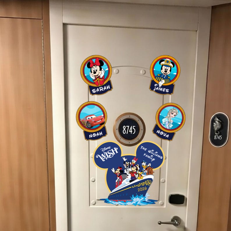 a door decorated with Disney-themed stickers and a Disney-themed decal.