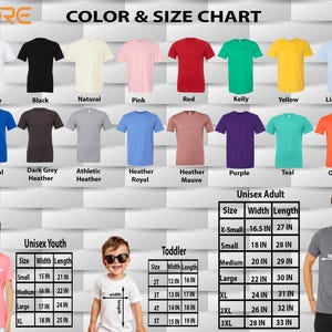 The image is a color and size chart featuring various t-shirt designs in different colors and sizes, along with corresponding measurements for both youth and adult sizes.