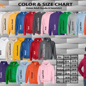 The image is a color and size chart for a unisex adult hoodie and sweatshirt. It displays various color options and corresponding sizes, along with a man wearing a red hoodie. The chart provides a visual representation of the different color and size combinations available for the hoodie and sweatshirt.