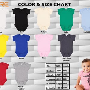 The image is a color and size chart for baby clothes, featuring various colored onesies and corresponding measurements for different age groups.