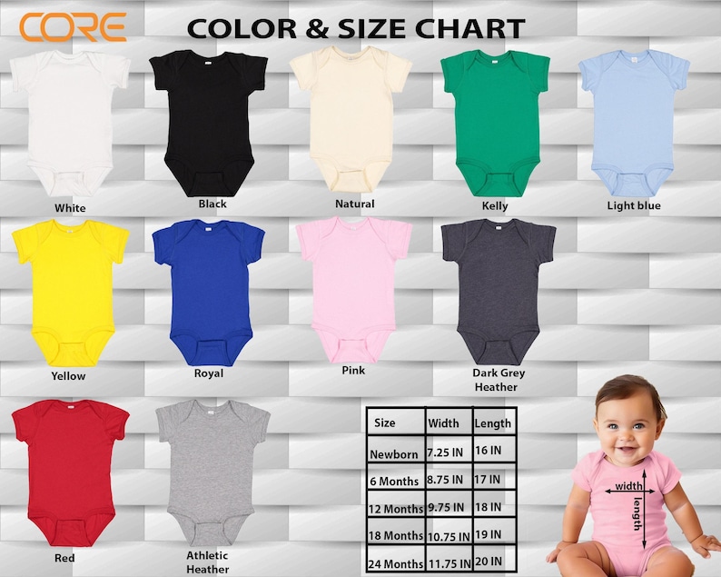 The image is a color and size chart for baby clothes, featuring various colored onesies and corresponding measurements for different age groups.