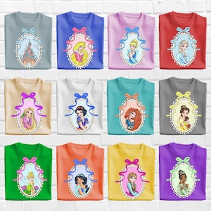 a bunch of different colored shirts with princesses on them