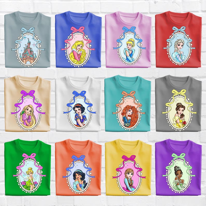 a bunch of different colored shirts with princesses on them