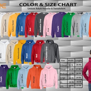 The image is a color and size chart for a unisex adult hoodie and sweatshirt. It displays various color options and corresponding sizes, along with a man wearing a red hoodie. The chart provides a visual representation of the different color and size combinations available for the hoodie and sweatshirt.