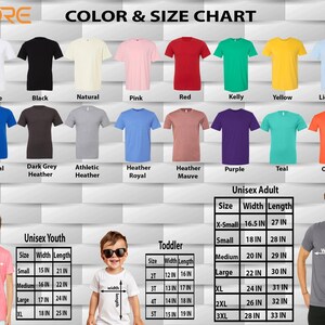 The image is a color and size chart featuring various t-shirt designs in different colors and sizes, along with corresponding measurements for both youth and adult sizes.
