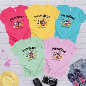 a group of disney land t - shirts sitting on top of a white brick wall