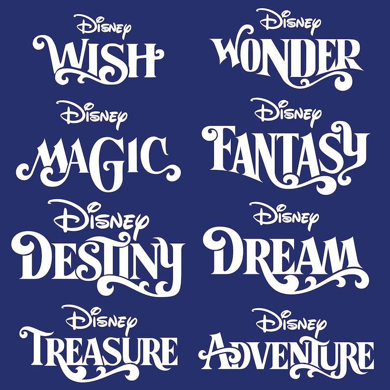 Puede incluir: Un gr&aacute;fico azul oscuro que presenta ocho logotipos blancos de Disney dispuestos en dos columnas. El texto incluye las palabras Wish, Wonder, Magic, Fantasy, Destiny, Dream, Treasure y Adventure, cada una con tipograf&iacute;a serif decorativa.