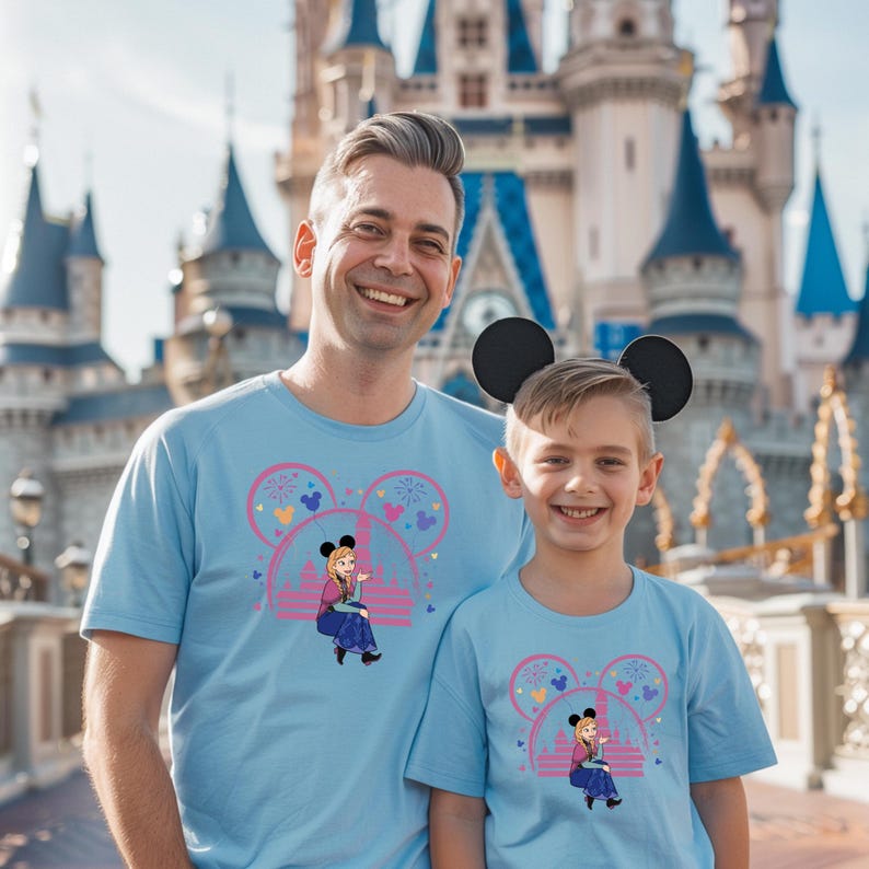 a man and a young boy standing in front of a castle