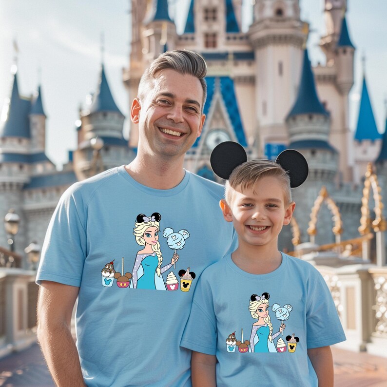 a man and a young boy standing in front of a castle