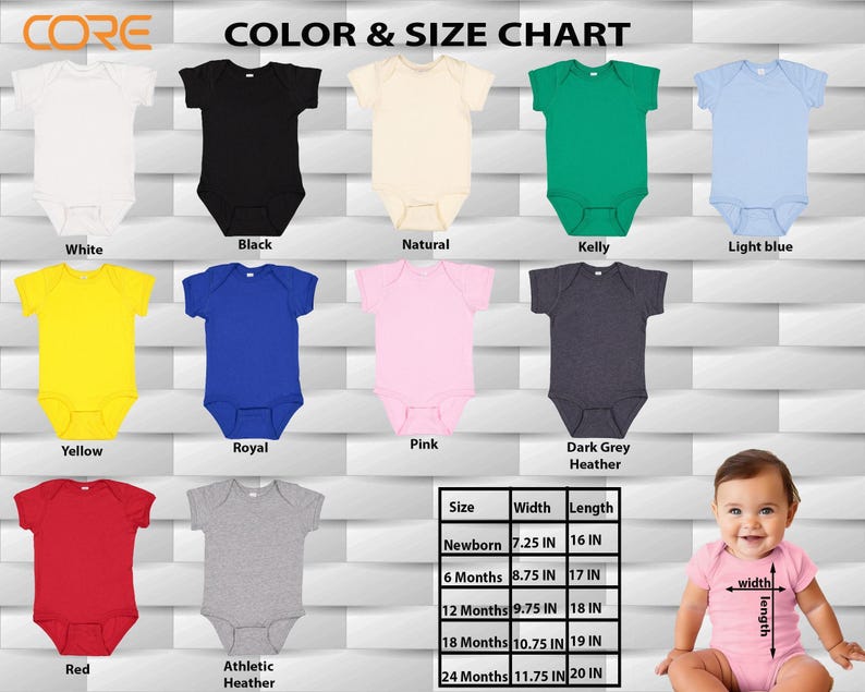 The image is a color and size chart for baby clothes, featuring various colored onesies and corresponding measurements for different age groups.