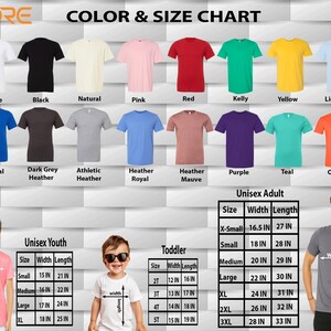 The image is a color and size chart featuring various t-shirt designs in different colors and sizes, along with corresponding measurements for both youth and adult sizes.