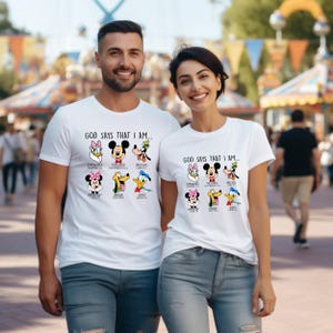 a man and a woman wearing mickey mouse shirts