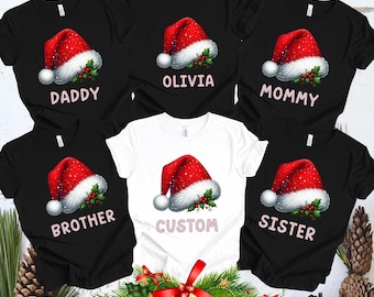 Personalized Santa Hat Christmas Shirt, Family Matching Cotton Tee