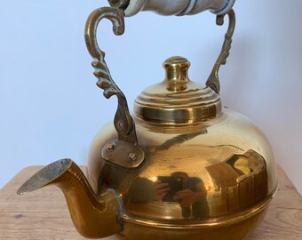 Vintage Brass Metal Tea Pot Ceramic Handle
