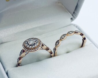 14K Yellow Gold Diamond Wedding Set- halo engagement ring- wedding band