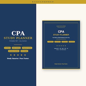 Puede incluir: Un planificador de estudio de CPA en azul marino con detalles dorados. El planificador incluye secciones para 16 semanas de estudio, seguimiento diario y un rastreador de progreso. El texto en el planificador dice "Study Smarter. Pass Faster."