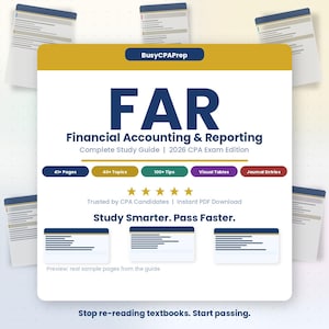 Könnte beinhalten: Ein weiß-goldenes Studienhandbuch mit dem Titel "FAR Financial Accounting & Reporting" für die CPA-Prüfung 2026. Das Cover zeigt den Text "Study Smarter. Pass Faster." und enthält Details wie "41+ Seiten", "40+ Themen" und "100+ Tipps."