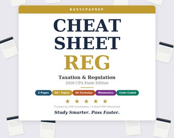 REG CPA Exam Cheat Sheet | 5-Page PDF | Tax & Regulation Study Guide | Digital Download