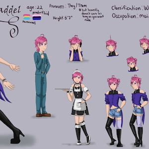 Character design sheet with poses, turnaround and emotions; check description
