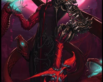 May include: A dark-haired figure with red eyes and horns stands against a red and black background. They are wearing a black robe with red accents and a large, ornate sword. The figure is surrounded by three snakes with glowing green eyes.