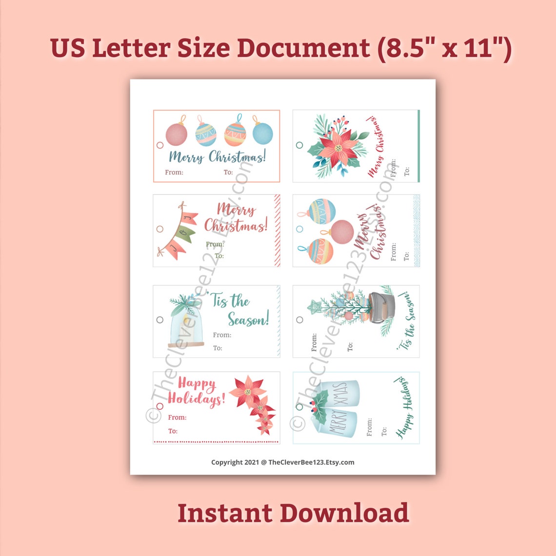 Printable Christmas Gift Tags 8 Pc Holiday Gift Labels Instant Download ...