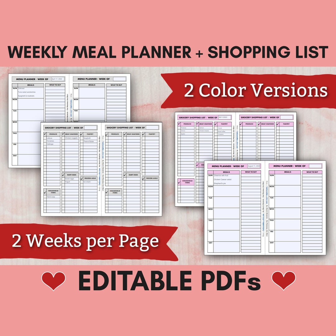 EDITABLE Meal Planner and Grocery Shopping List PDF, Printable Meal