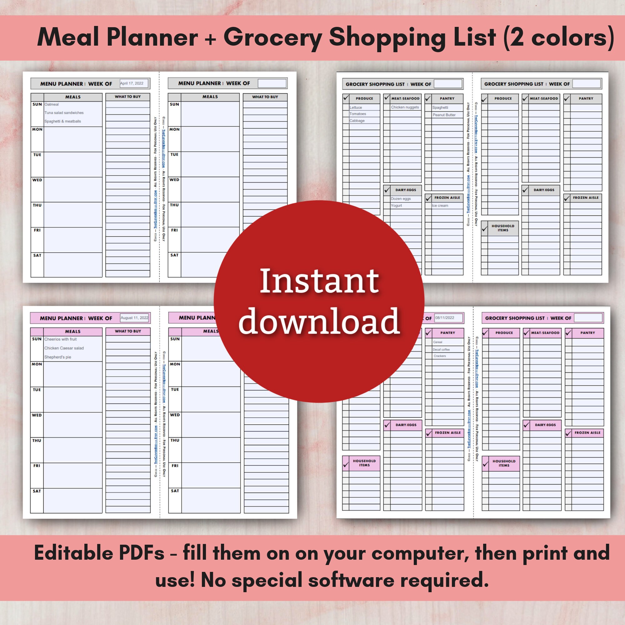EDITABLE Meal Planner and Grocery Shopping List PDF, Printable Meal
