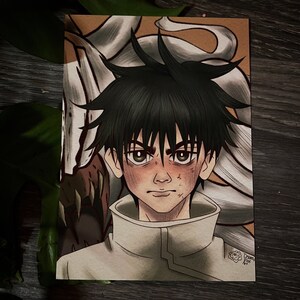 May include: A black and white illustration of a young person with black hair and a white shirt. The person has a serious expression on their face. The background is a light brown color with white and brown swirls.