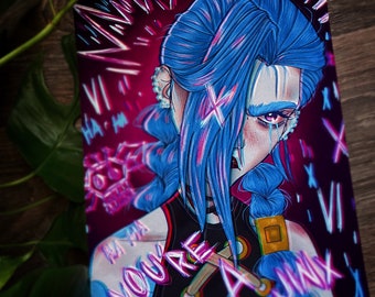 May include: A digital illustration of a blue-haired character against a pink and purple background. The character has a mischievous expression and is wearing a black and white outfit. The text "You're a Jinx" is written in a neon pink font.