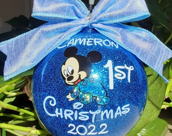 1st Christmas Ornament, Royal blue glitter boy Ornament, Personalized Ornament, Glass, Hard Plastic Mickey mouse