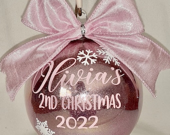 Personalized Baby's 2nd Christmas Ornament: Rose Gold Glitter 3rd Christmas Ornament, 1st Christmas ornament, Personalized 2nd Christmas
