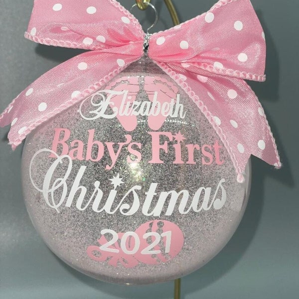 Baby's First Christmas Ornament, Girl Ornament, Light Pink glitter Ornament, Personalized Ornament, Glass, Hard Plastic Choice