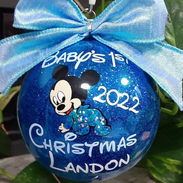 Baby's First Christmas Ornament, Boy Ornament, Mickey ornament Newborn Ornament, Blue Ornament, Personalized Ornament, Mickey Mouse