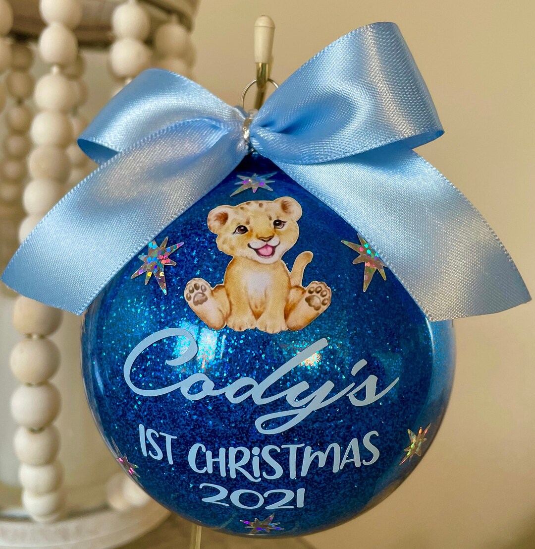 Baby's First Christmas Ornament, Lion Ornament, ROYAL BLUE GLITTER Ornament, Personalized Light