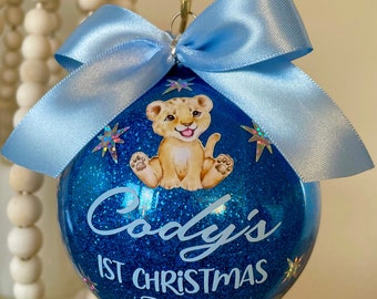 Baby's First Christmas Ornament, Lion Ornament, ROYAL BLUE GLITTER Ornament, Personalized Light blue name Glass/plastic, baby lion ornament