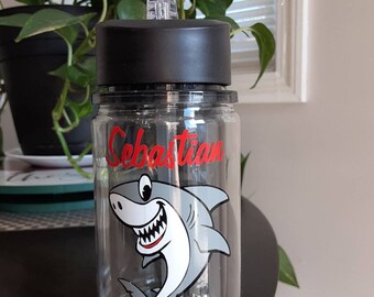 Personalized shark water bottle with spout and straw. Great White bottle, Kids water bottle.