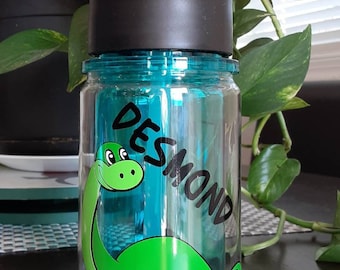 Personalized Kids water bottle with spout and straw. Dinosaur bottle with name.