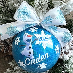 Personalized Olaf Christmas Ornament, Teal Blue Glitter Snowflake Keepsake
