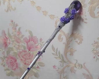 Purple Flowers Magic Wand, Handmade Crystal Wand, Halloween Wizard Wand, Original Wood Wand, Halloween Gifts