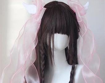 Sweet Pink Ribbon White Angel Wings Head Clip. Lovely Long Ribbon Hairpin. Girls Lolita Hair Barrette. Creative Hair Grip. Head Decoration.